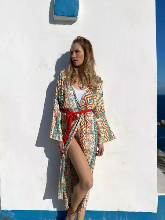 Achilleas Accessories Γυναικείο Μακρύ Κιμονό Παραλίας Πορτοκαλί