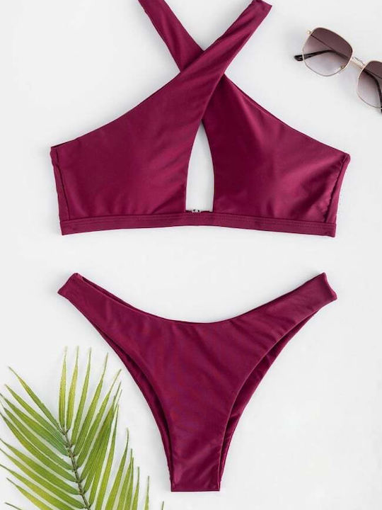 Set Bikini Triunghi Cu Burete Detașabil Talie Înaltă Fuchsia