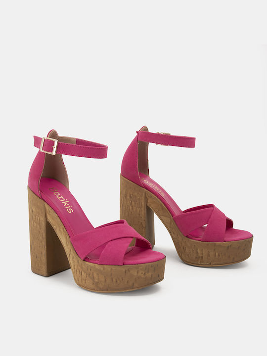 Bozikis Platform Suede Women's Sandals with Ankle Strap Fuchsia with High Heel K23-069-130