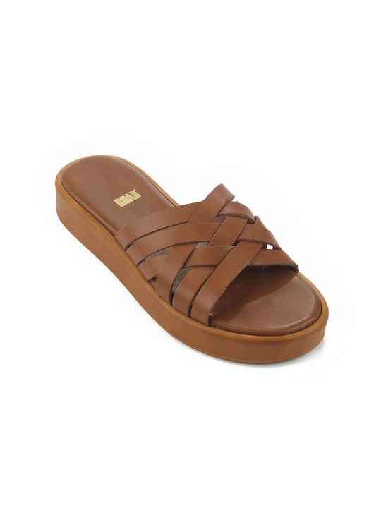 Fshoes Leather Women's Flat Sandals in Tabac Brown Color