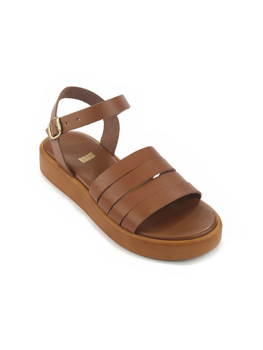 Fshoes Leather Women's Flat Sandals with Strap Flatforms in Tabac Brown Color