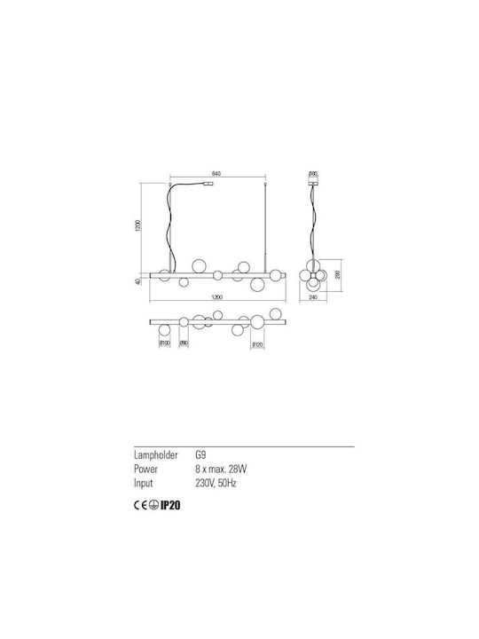 Redo Group Goji Pendant Chandelier Rail for 8 Bulbs G9 Gold