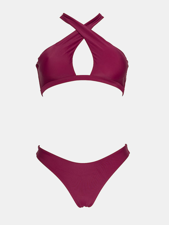 Set Bikini Triunghi Cu Burete Detașabil Talie Înaltă Fuchsia