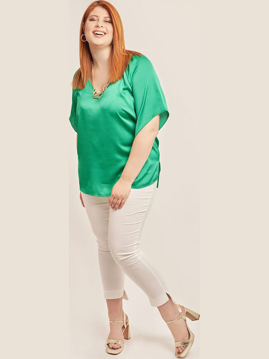 Women's Summer Blouse Satin Short Sleeve with V Neckline Green