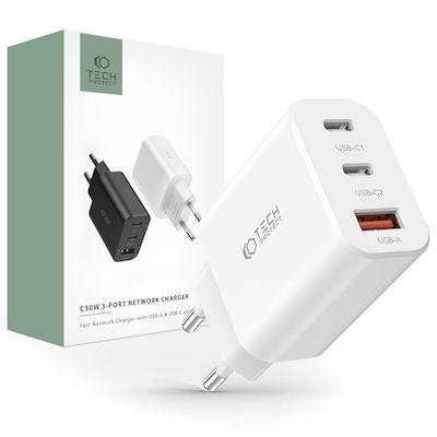 Tech-Protect Ladegerät ohne Kabel mit USB-A Anschluss und 2 USB-C Anschlüsse Stromlieferung / Schnellaufladung 3.0 Weißs (C30W)
