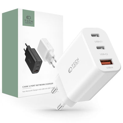 Tech-Protect Încărcător Fără Cablu cu Port USB-A și 2 Porturi USB-C Livrarea energiei / Încărcare rapidă 3.0 Albς (C30W)