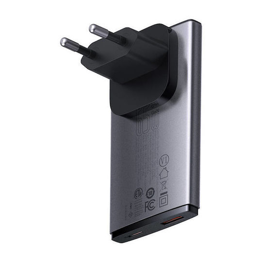 Baseus GaN Charger with USB-A Port and USB-C Port and USB-C Cable 65W Gray GaN5 Pro