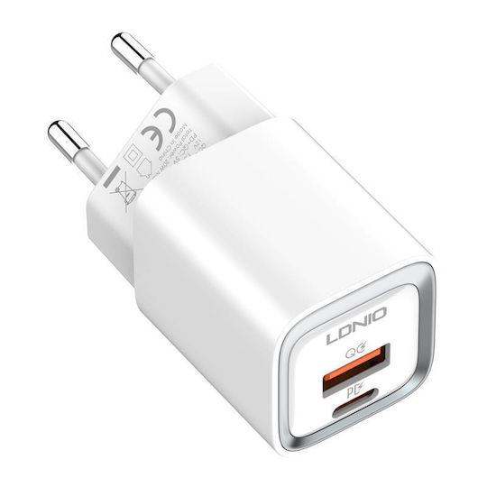 Ldnio Φορτιστής με Θύρα USB-A και Θύρα USB-C και Καλώδιο USB-C - Lightning 20W Power Delivery Λευκός (A2318C)