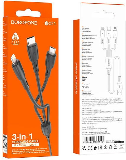Borofone USB to Lightning / Type-C / micro USB Cable 2A Μαύρο 1m