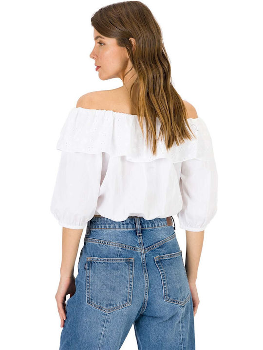 Tiffosi Γυναικείο Crop Top με Μανίκι 3/4 Καλοκαιρινό Λευκό