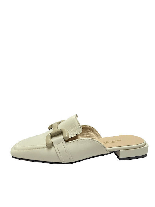 Wall Street Leder Mules mit Chunky Hoch Absatz in Beige Farbe