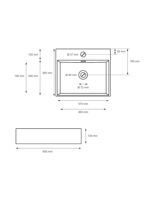 ML-Design Επιτοίχιος Κρεμαστός Νιπτήρας Κεραμικός 60x36.5x13cm Μαύρος