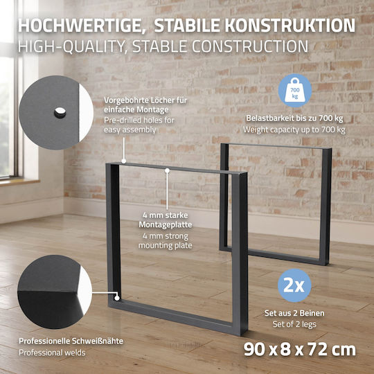 ECD Germany Picior Metalic Mobilier 2 Bucăți Potrivit Pentru Masă / Măsuță / Birou 90x72cm Gri