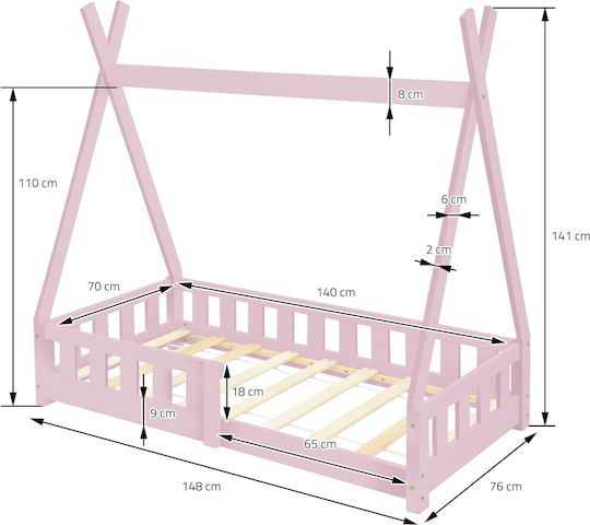 Kinderbett Montessori Einzeln Rosa für Matratze 70x140cm