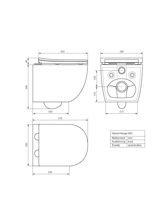 ECD Germany Монтирана на стена тоалетна Безръбрен с Капак Duroplast Бяла