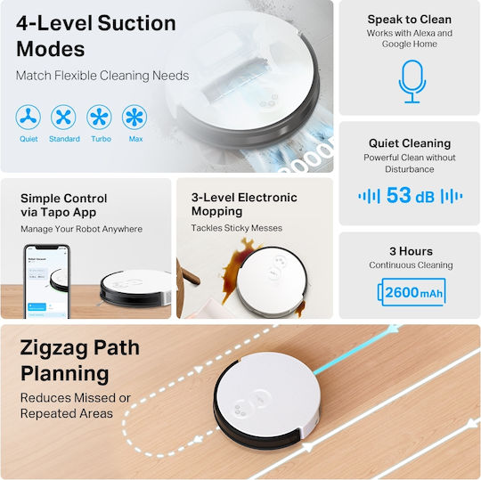 TP-LINK RV10 Σκούπα Ρομπότ με Αυτονομία έως 180min και Κάλυψη Χώρου έως 200τ.μ. Λευκή
