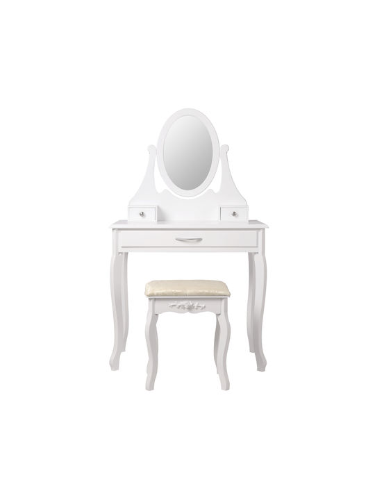 Masută De Toaletă De Podea Din Lemn Albă Cu Oglindă Și Taburet 75x40x140cm