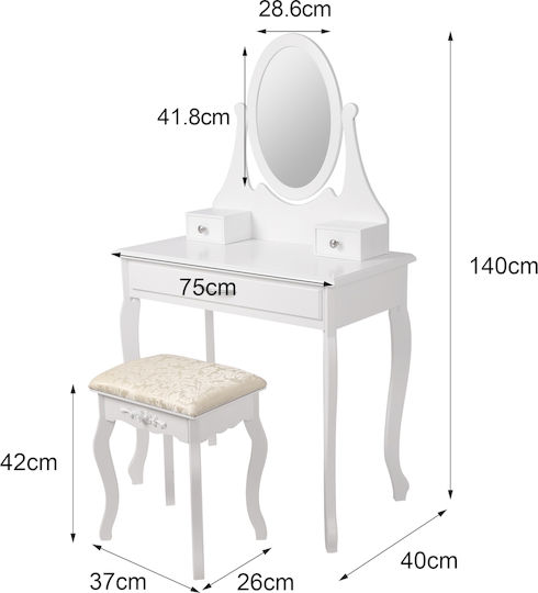 Bodenstehende Schminktisch Schlafzimmer Holz Weiß mit Spiegel & Hocker 75x40x140cm