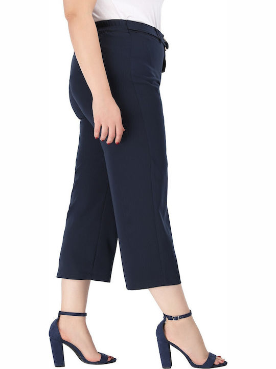 Women's Fabric Capri Trousers with Elastic Navy Blue