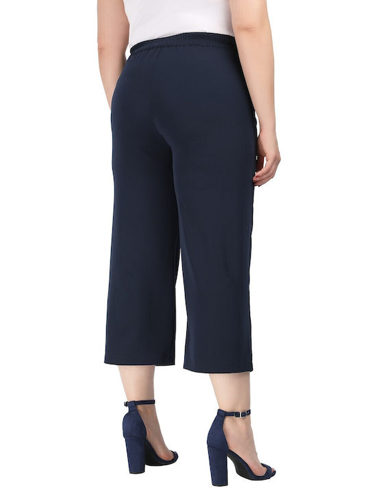 Women's Fabric Capri Trousers with Elastic Navy Blue
