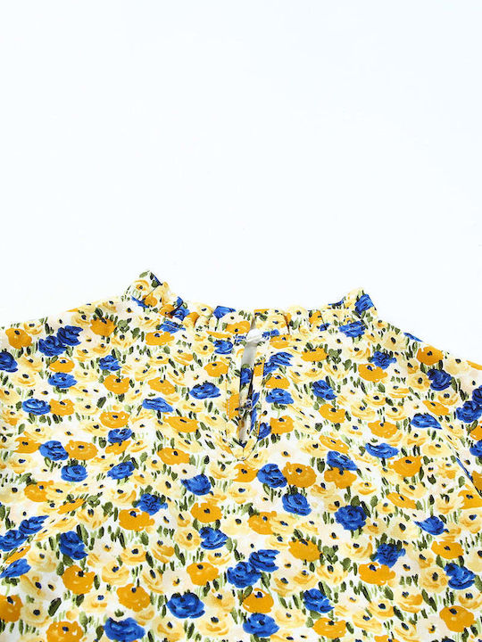 Amely Damen Sommer Bluse Kurzärmelig Blumen Gelb