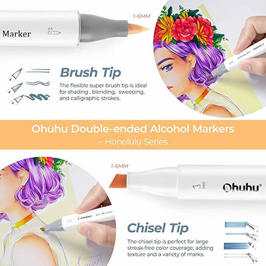 Ohuhu Honolulu Brush & Chisel 48 Маркери Алкохол Основни Цветове 6mm
