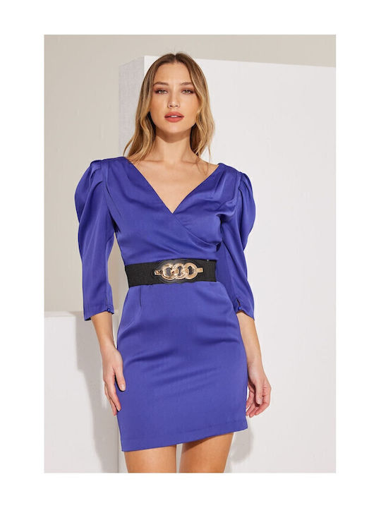 Summer Mini Evening Dress Satin Wrap Blue