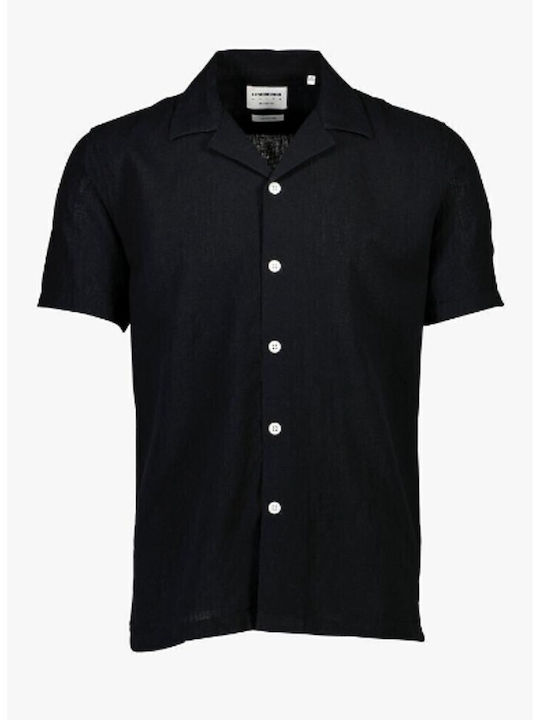 Short Sleeve Linen Shirt in Wide Line Black