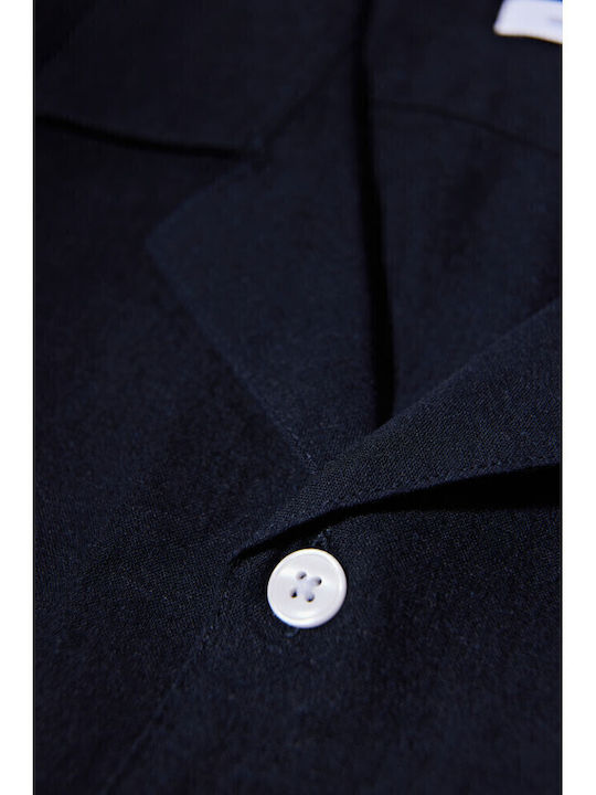 Short Sleeve Linen Shirt in Wide Line Black