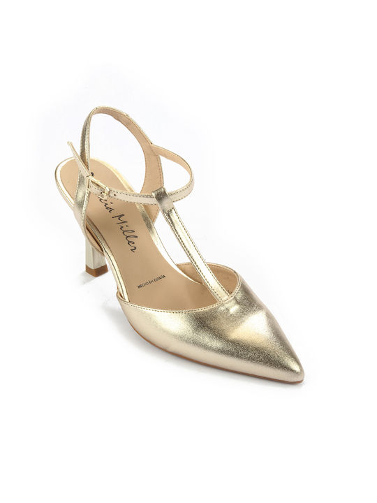 Fshoes Leather Pointed Toe Gold High Heels