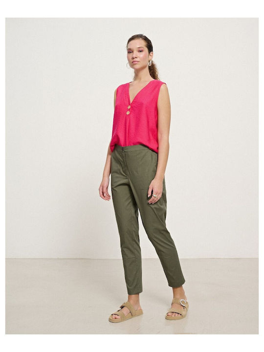 Passager Women's High-waisted Cotton Trousers with Elastic in Regular Fit Khaki