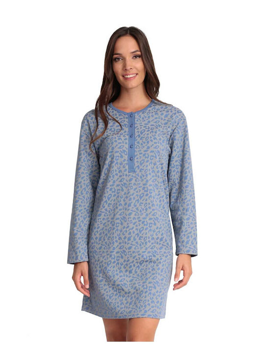 Lydia Creations Winter Women's Cotton Robe with Nightdress Blue