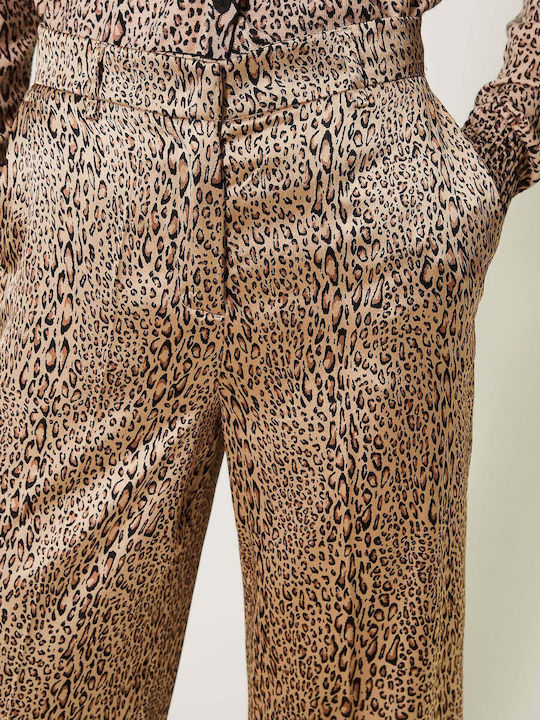 Women's High-waisted Fabric Trousers Leopard Brown
