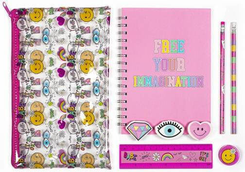 Tri-Coastal Design Kids Stationery Set with Pencil, Eraser, Notepad, Ruler and Pencil Case Pink Smile