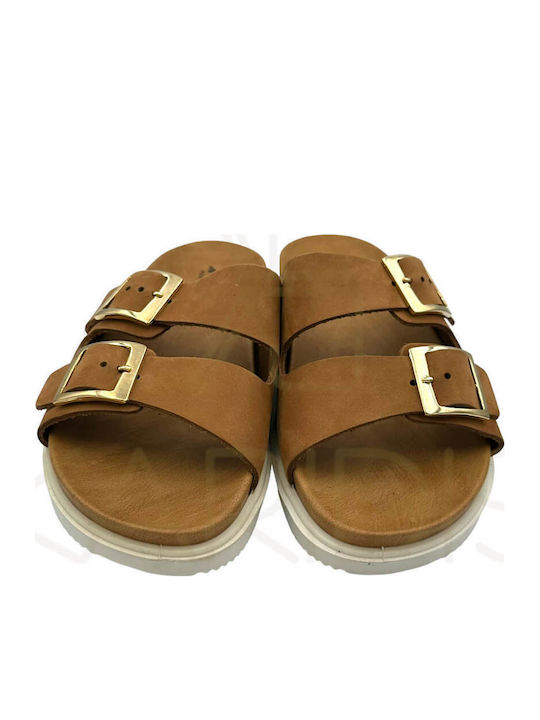 Leather Women's Flat Sandals Anatomic in Tabac Brown Color