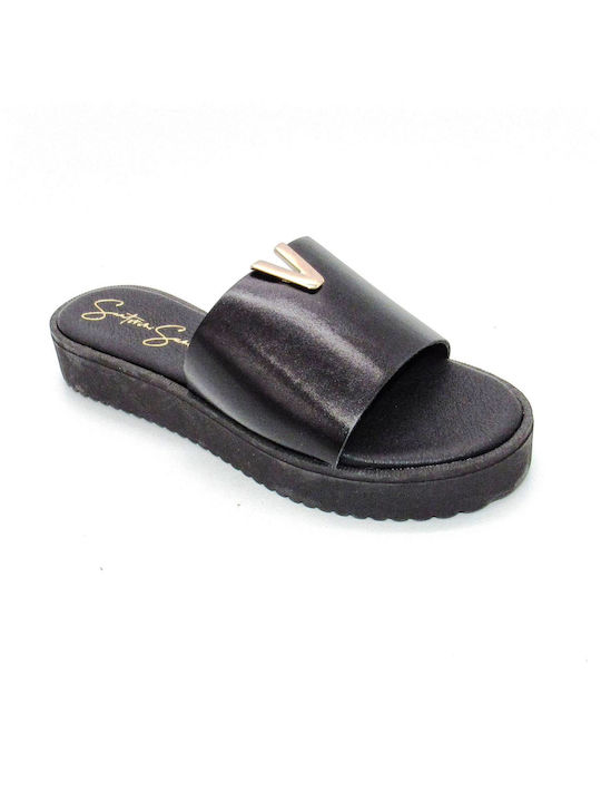 Santorini Sandals Leather Women's Flat Sandals Flatforms in Black Color