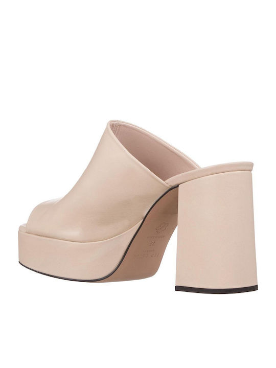Deltino Leder Mules mit Chunky Hoch Absatz in Beige Farbe