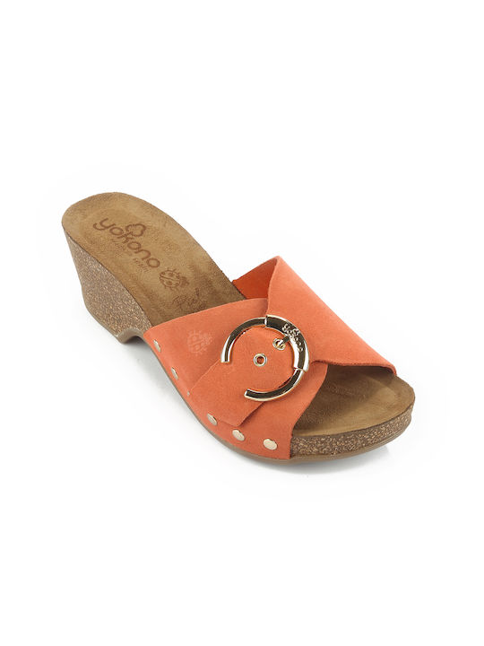 Yokono Leder Mules mit Chunky Hoch Absatz in Orange Farbe