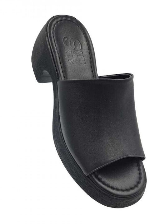 Safe Step Leder Mules mit Chunky Hoch Absatz in Schwarz Farbe