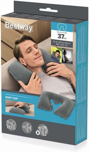 Bestway Flocked Air Neck Inflatable Travel Pillow Travel Set Pillow 37x24x10cm Gray