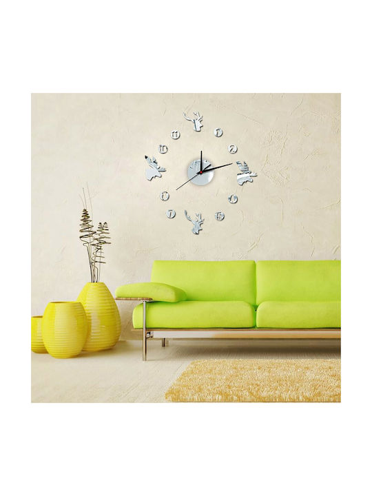 Reindeer 3D Wall Clock Sticker Plastic Silver Ø30cm