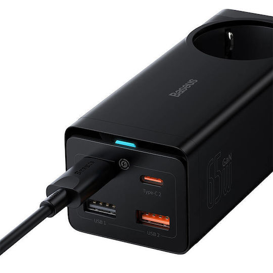 Baseus Βάση Φόρτισης GaN με 2 Θύρες USB-A και 2 Θύρες USB-C και Καλώδιο USB-C 65W Power Delivery / Quick Charge 4.0 / SuperCharge σε Μαύρο χρώμα (Gan3 Pro)