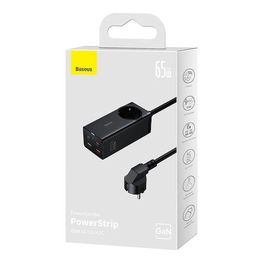 Baseus Βάση Φόρτισης GaN με 2 Θύρες USB-A και 2 Θύρες USB-C και Καλώδιο USB-C 65W Power Delivery / Quick Charge 4.0 / SuperCharge σε Μαύρο χρώμα (Gan3 Pro)