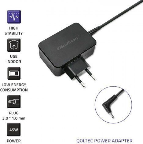 Qoltec Laptop Charger 45W 19V 2.37A for Asus with Detachable Power Cable and with plug set