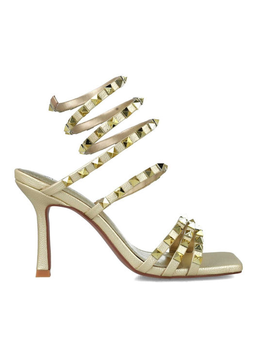 Menbur Leather Women's Sandals Gold with Chunky High Heel