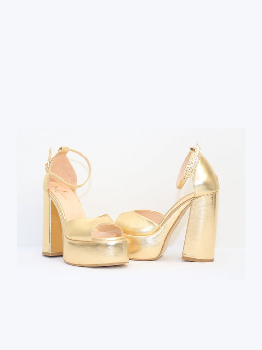 Mille Luci Platform Leather Women's Sandals with Ankle Strap Gold with Chunky High Heel -GOLD