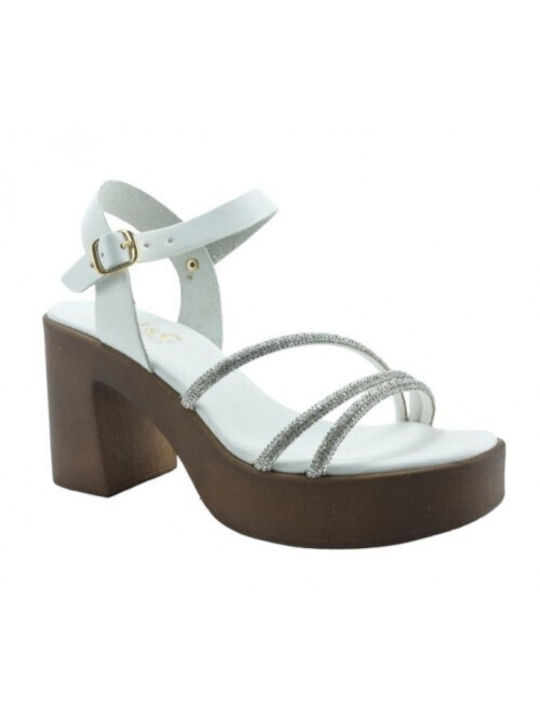 J&C Synthetic Leather Women's Sandals with Strass White with Chunky High Heel