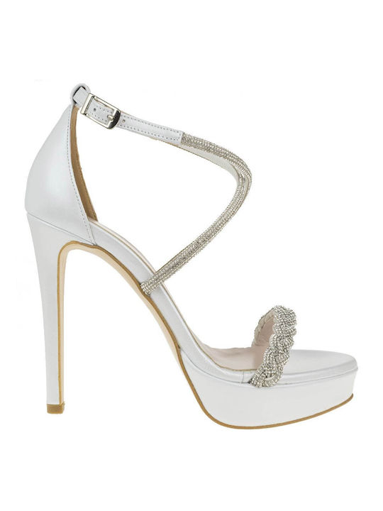 Mark Milan Leather Women's Sandals with Strass White with Thin High Heel 2000250402