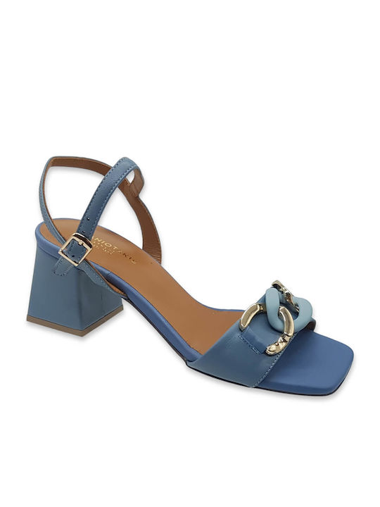 Chaniotakis Leather Women's Sandals Blue with Chunky Medium Heel