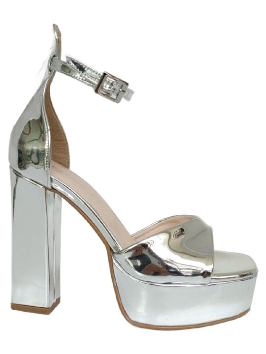 Beatris Synthetic Leather Women's Sandals with Ankle Strap Silver with Chunky High Heel